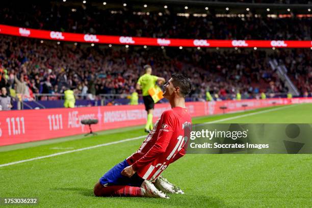 Alvaro Morata of Atletico Madrid celebrates 2-0 during the LaLiga EA Sports match between Atletico Madrid v Deportivo Alaves at the Civitas...