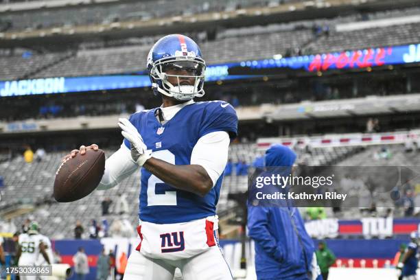 Tyrod Taylor of the New York Giants throws the football prior to the start of the game against the New York Jets at MetLife Stadium on October 29,...