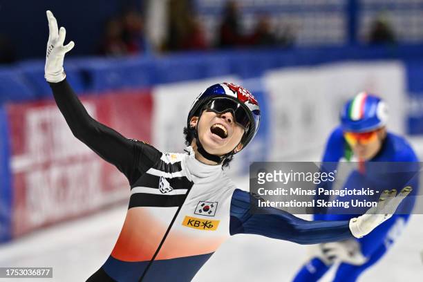 Kim Gun Woo of the Republic of Korea celebrates as he finishes first in the men's 1500 m final during the ISU World Cup Short Track at Maurice...