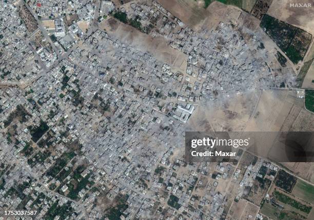Maxar satellite imagery of before and after images showing damage to Beit Hanoun neighborhood, Northern Gaza . Please use: Satellite image 2023 Maxar...