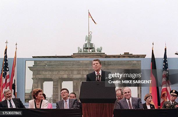 President Ronald Reagan, commemorating the 750th anniversary of Berlin, addresses on June 12, 1987 the people of West Berlin at the base of the...