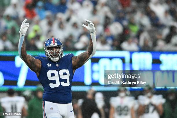 Leonard Williams of the New York Giants reacts during the second half of the game against the New York Jets at MetLife Stadium on October 29, 2023 in...