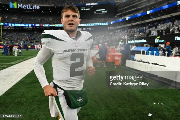 Zach Wilson of the New York Jets walks off the field following the game against the New York Giants at MetLife Stadium on October 29, 2023 in East...