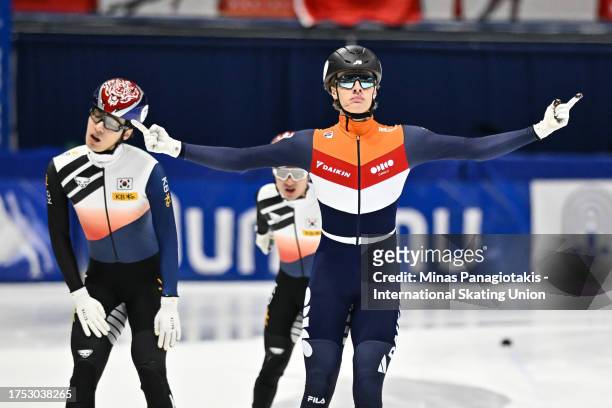 Jens Van 't Wout of the Netherlands celebrates after finishing first in the men's 1000 m final during the ISU World Cup Short Track at Maurice...