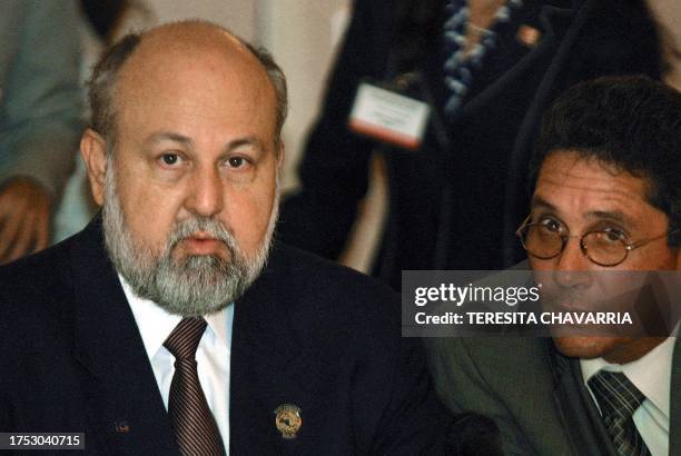 Norman Caldera , Chancellor of Nicaragua, speaks with an assistant during the XIX Forum on Dialogue and Cooperation of San Jose with the European...