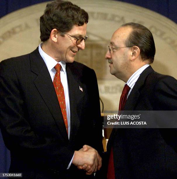 Marc Grossman , sub secretary of the Estado para Asuntos Politicos de Estados Unidors, greets the colombian chancellor Guillermo Fernandez de Soto at...