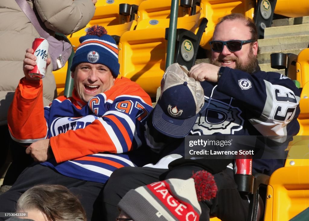 Edmonton Tim Edmonton Oiler fans greet before the 2023 Tim Hortons NHL Heritage ...