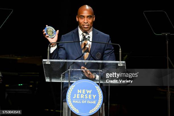 Tiki Barber speaks onstage at the 15th Annual Induction Ceremony for the New Jersey Hall of Fame at NJPAC October 29, 2023 in Newark, New Jersey.