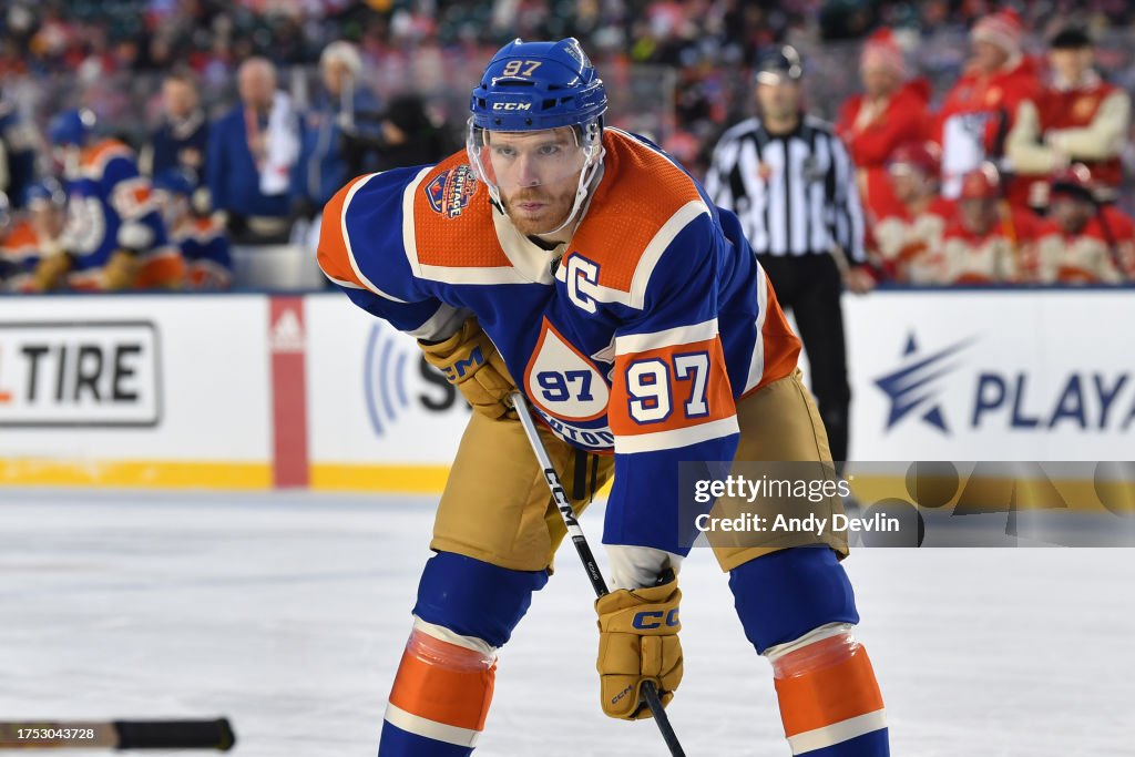 Edmonton Tim Connor McDavid of the Edmonton Oilers lines up for a face-off during ...