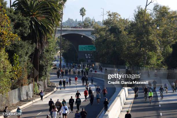 People enjoy the route by foot and bike at Arroyofest, where the 110 freeway was closed off to cars from roughly the connection with I-5 to its...