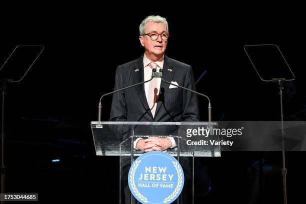 Governor of New Jersey Phil Murphy speaks onstage at the 15th Annual Induction Ceremony for the New Jersey Hall of Fame at NJPAC October 29, 2023 in...