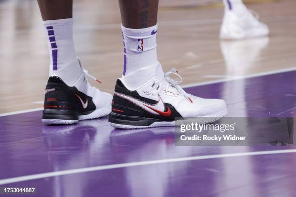 The sneakers worn by LeBron James of the Los Angeles Lakers during the game against the Sacramento Kings on October 29, 2023 at Golden 1 Center in...