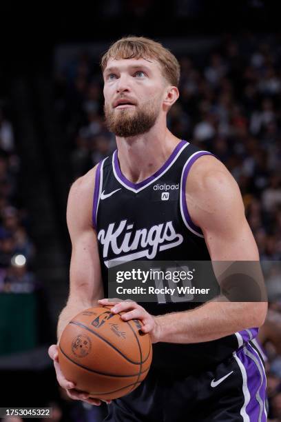 Domantas Sabonis of the Sacramento Kings prepares to shoot a free throw during the game against the Los Angeles Lakers on October 29, 2023 at Golden...