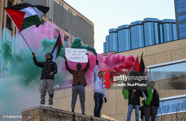 Hundreds of Pro-Palestinian supporters gather during an 'Edmonton March For Gaza' protest and rally in the heart of Edmonton downtown, demonstrating...