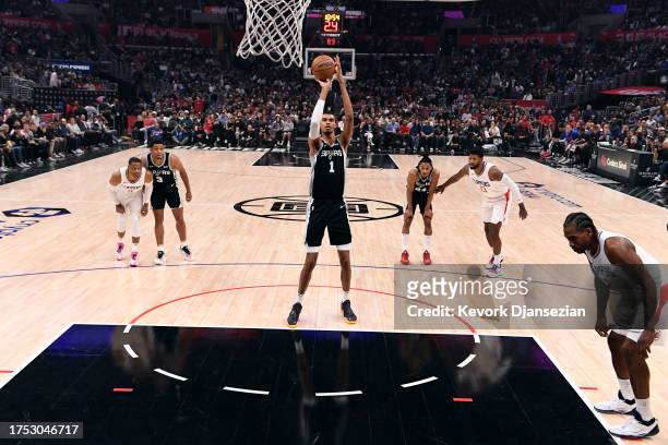 Victor Wembanyama of the San Antonio Spurs shoots a foul shot against the Los Angeles Clippers during the first half of the game at Crypto.com Arena...
