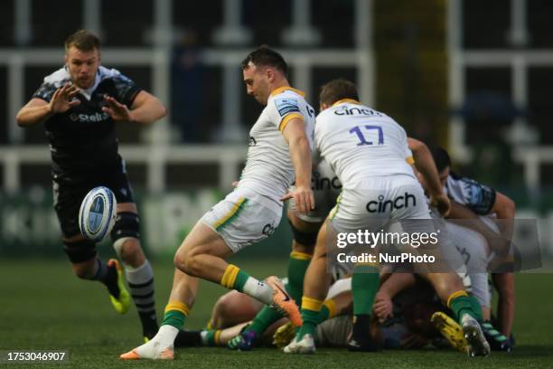 Northampton Saints's Tom James executes a box kick during the Gallagher Premiership match between Newcastle Falcons and Northampton Saints at...