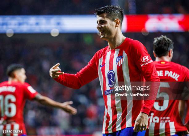 Alvaro Morata of Atletico de Madrid celebrates a goal during the La Liga EA Sports match between Atletico de Madrid and Deportivo Alaves at the...