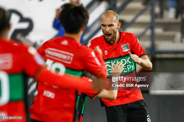 Bas Dost of NEC celebrates the goal during the Dutch Eredivisie match between NEC Nijmegen and Almere City FC at Goffertstadion on October 21, 2023...