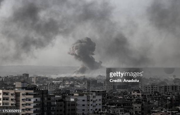 Smoke rises after Israeli airstrikes on Tel el-Hawa neighborhood as the attacks continue on the 24th day in Gaza City, Gaza on October 30, 2023.