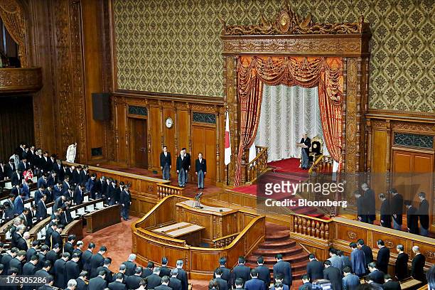 Japan's Emperor Akihito, makes a speech to members of the Parliament during the opening session at the upper house of parliament in Tokyo, Japan, on...