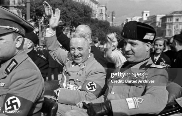 Nazi Reichsleiter and leader of the Deutsche Arbeitsfront, Robert Ley, visiting Italy, here with Tullio Cianetti, 1938.