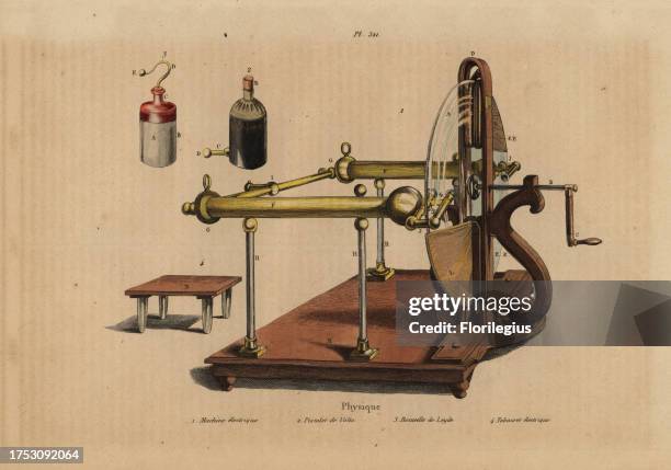 Electrical machine 1, Voltaic pile 2, Leyden jar 3, and electrical stool 4. Physique: machine electrique, pistolet de Volta, bouteille de Leyde,...