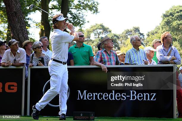 Bernhard Langer of Germany in action during the first round of the Berenberg Bank Masters played at Golf- Und Land-Club Koln on August 2, 2013 in...