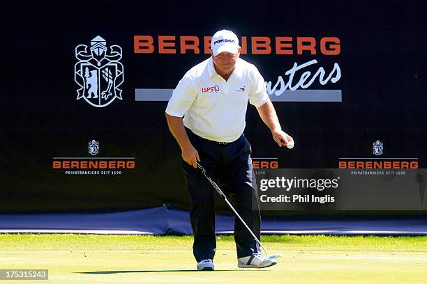 Ian Woosnam of Wales in action on the 18th green during the first round of the Berenberg Bank Masters played at Golf- Und Land-Club Koln on August 2,...