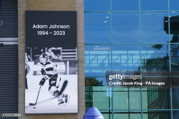 Message board with a tribute to Nottingham Panthers' ice hockey player Adam Johnson outside the Motorpoint Arena in Nottingham, the home of the...