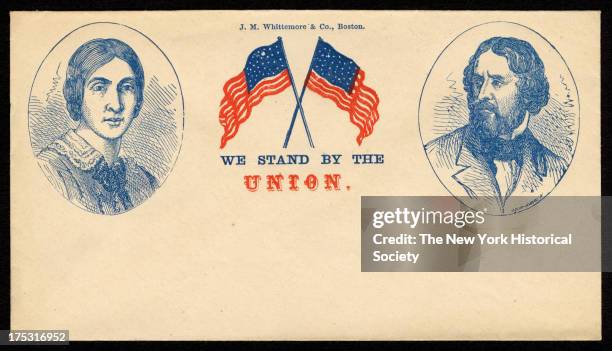 Image depicts portraits of Jesse B. Fremont and John C. Fremont with crossed American flags between them and the phrase 'We stand by the Union.'