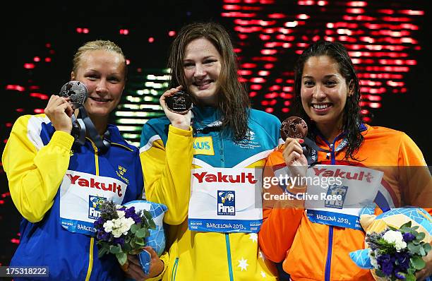 Silver medal winner Sarah Sjostrom of Sweden, Gold medal winner Cate Campbell of Australia and Bronze medal winner Ranomi Kromowidjojo of the...