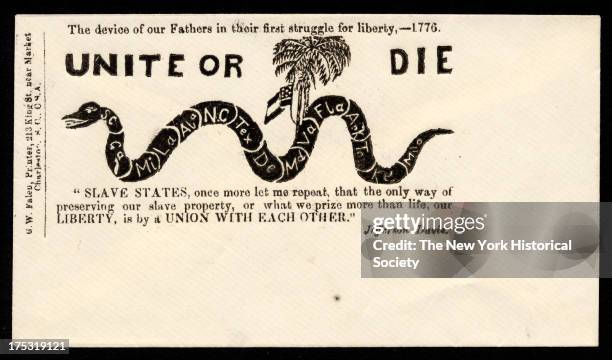 Image depicts a snake labeled with the names of the Confederate states. Text reads 'The device of our fathers in their first struggle for liberty,...