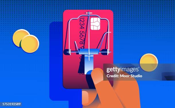 hand holding credit card with mousetrap vector illustration - white collar crime stock illustrations