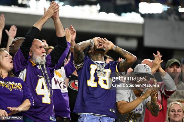 Minnesota Vikings fans cheer while playing the San Francisco 49ers at U.S. Bank Stadium on October 23, 2023 in Minneapolis, Minnesota.