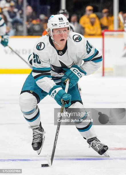 Fabian Zetterlund of the San Jose Sharks skates against the Nashville Predators during an NHL game at Bridgestone Arena on October 21, 2023 in...