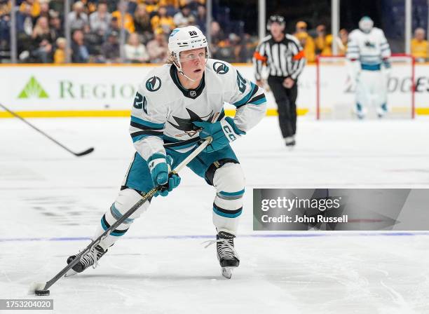 Fabian Zetterlund of the San Jose Sharks skates against the Nashville Predators during an NHL game at Bridgestone Arena on October 21, 2023 in...