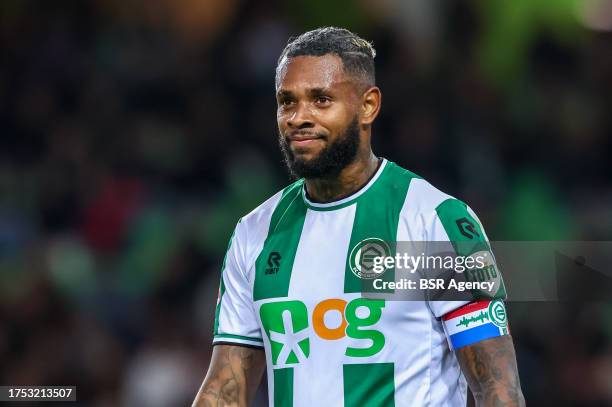 Leandro Bacuna of FC Groningen looks on during the Dutch Keuken Kampioen Divisie match between FC Groningen and FC Emmen at Euroborg on October 23,...