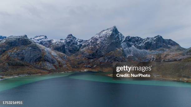 Drone view of the sea between the fjords in Lofoten, Norway, on October 24, 2023.