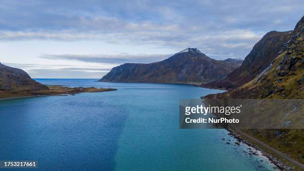 Drone view of the sea between the fjords in Lofoten, Norway, on October 24, 2023.