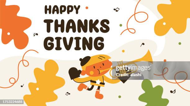 a cute boy playing the trumpet at the thanksgiving day parade - purity stock illustrations