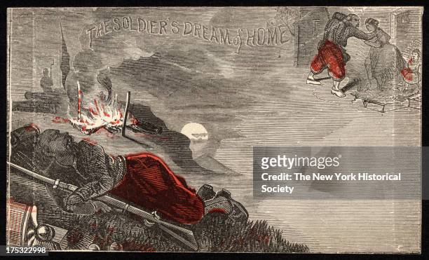 Image depicts a soldier sleeps fitfully on a battlefield with a fire burning behind him as he dreams of home, wife and child.