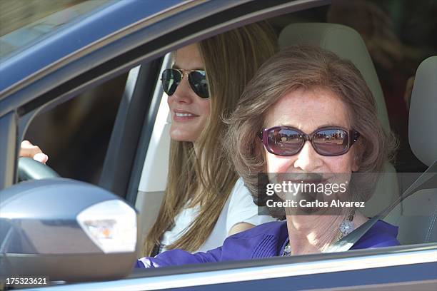 Princess Letizia of Spain and Queen Sofia of Spain arrive at the Calanova Sailing School on August 02, 2013 in Palma de Mallorca, Mallorca, Spain.