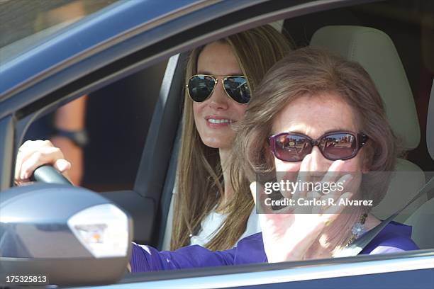 Princess Letizia of Spain and Queen Sofia of Spain arrive at the Calanova Sailing School on August 02, 2013 in Palma de Mallorca, Mallorca, Spain.