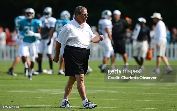 Carolina Panthers general manager Dave Gettleman walks across the field during practice on Friday, August 2, 2013 at Wofford College in Spartanburg,...