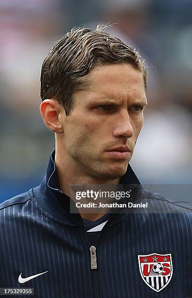 Clarence Goodson of the United States stands during the National Anthem before the CONCACAF Gold Cup final match against Panama at Soldier Field on...