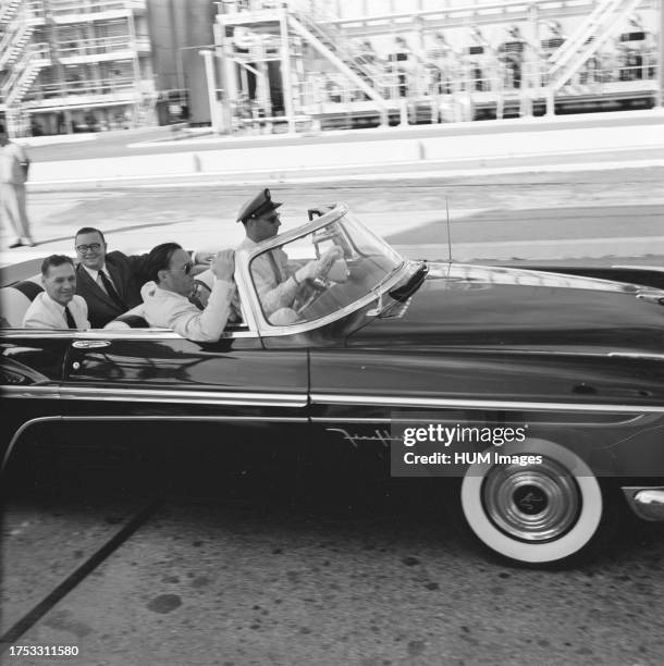 Prince Bernhard in a car at the Lago oil refinery in St. Nicholas ca: October 24, 1955.