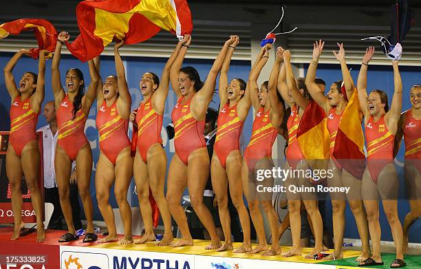 Team Spain celebrates winning the Women's Water Polo Gold Medal Match between Australia and Spain on day fourteen of the 15th FINA World...