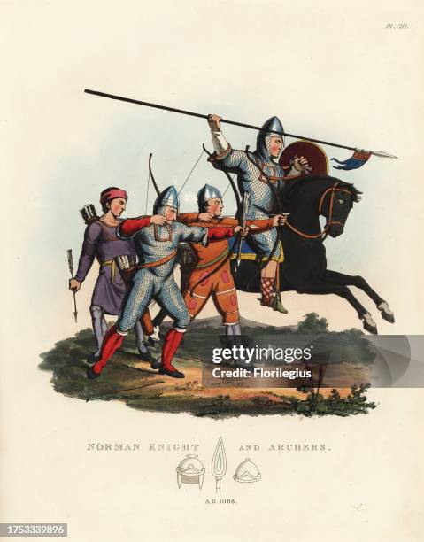 Norman knight and archers, 1066. Knight on horseback with lance wearing mascled armour and one of the bowmen in flat-ringed chainmail armour....
