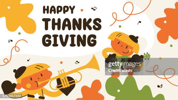 illustrations, cliparts, dessins animés et icônes de une jolie fille jouant du ukulélé et un joli garçon jouant de la trompette lors du défilé de thanksgiving - the fall band