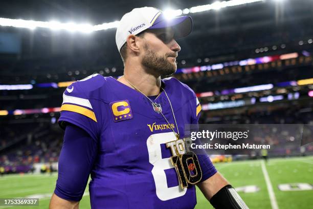 Kirk Cousins of the Minnesota Vikings celebrates a 22-17 win over the San Francisco 49ers at U.S. Bank Stadium on October 23, 2023 in Minneapolis,...